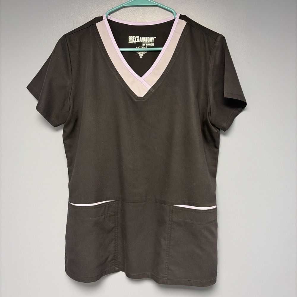 Grey's Anatomy Active Scrub Top Sz Medium Black with Gray Purple Accents